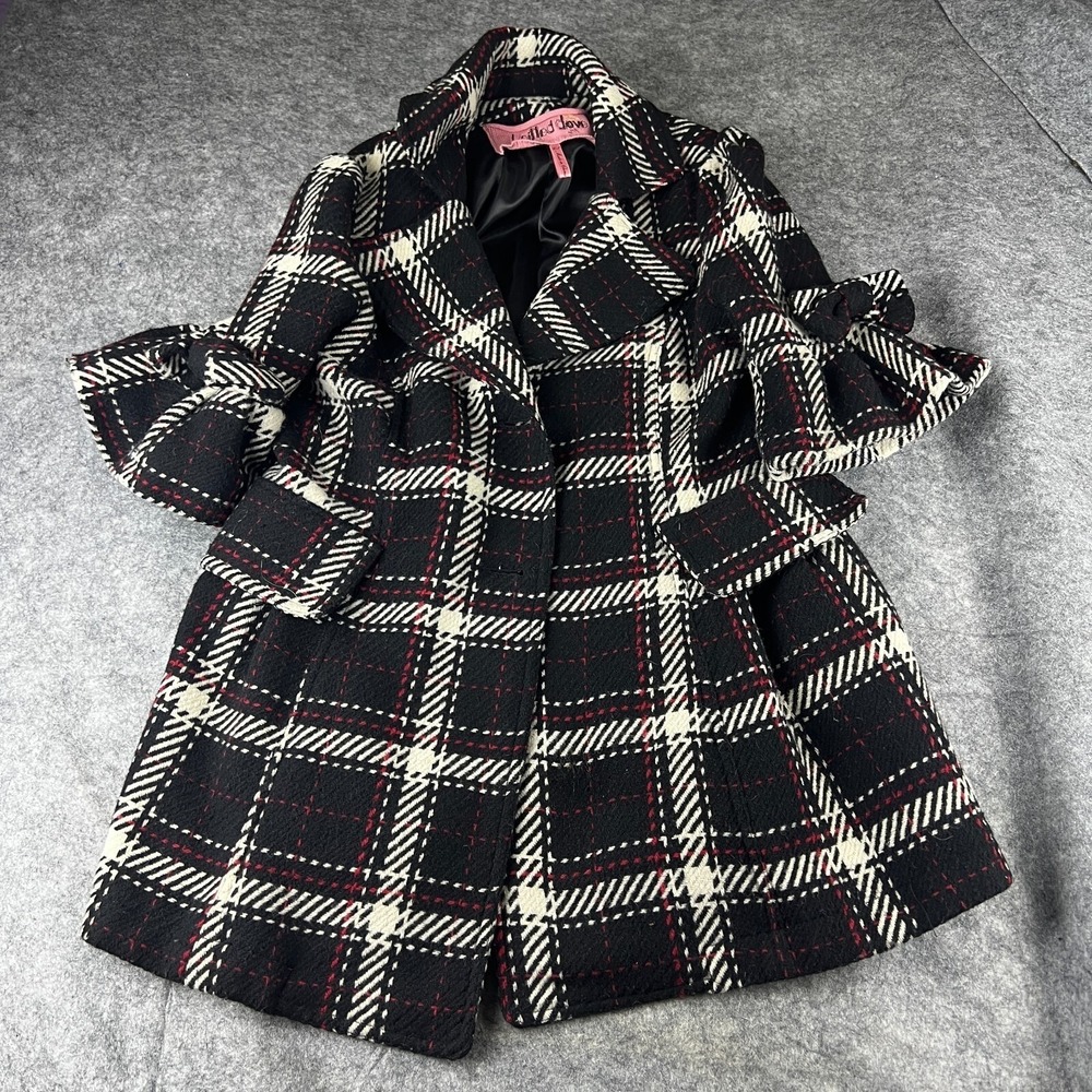 Knitted Dove Plaid Bell Sleeve Bow Coat Black White Red Wool Blend XS K45014